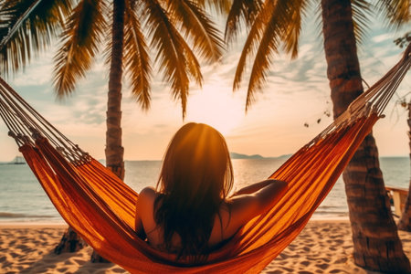 Back view of a young woman in a hammock on a tropical sandy beach during the sunset. High quality photoの素材