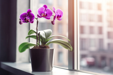 Purple orchid on a windowsill. Home plant care. High quality photoの素材