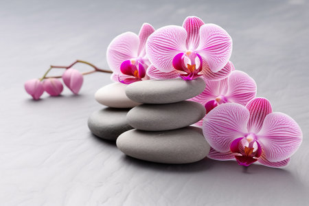 Pink orchid and spa stones isolated. Spa and relaxation concept. High quality photoの素材