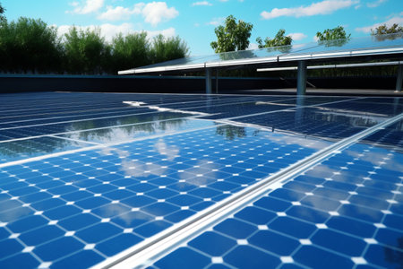Photovoltaic solar panels. Renewable energy concept, producing clean ecological electricity at sunset. High quality photoの素材