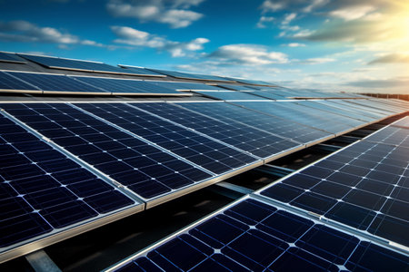 Photovoltaic solar panels. Renewable energy concept, producing clean ecological electricity at sunset. High quality photoの素材