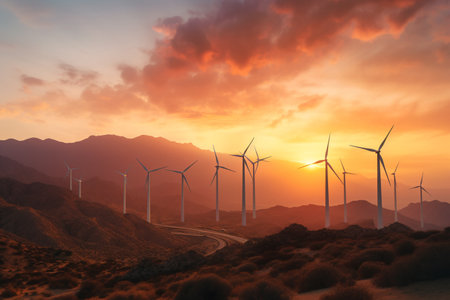 Wind turbine farm at sunset. Renewable eco energy concept. High quality photoの素材