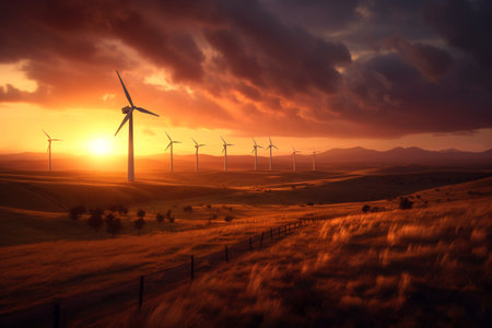 Wind turbine farm at sunset. Renewable eco energy concept. High quality photoの素材