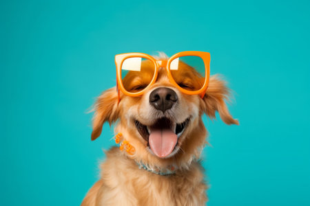Happy birthday card,, happy party dog isolated on blue background. High quality photoの素材