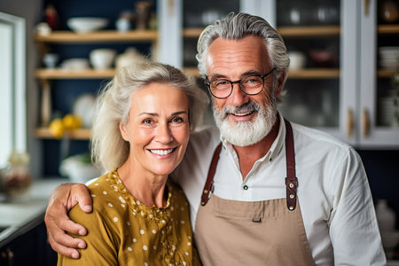 Retired couple hugging with a smile indoors. High quality photoの素材