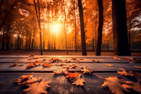 Beautiful autumn landscape with Colorful foliage in the park. Falling leaves on a wooden desk natural background. High quality photoの素材
