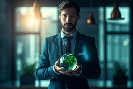 Green Energy, ESG, Renewable and Sustainable Resources. Environmental and Ecology Care Concept. Close up of Hand Holding glass globe. High quality photoの素材