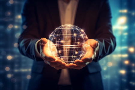 Businessman hold global business globe with network connected to digital marketing strategy and creative solution. Business development technology to support creativity idea of teamwork and investment. High quality photoの素材
