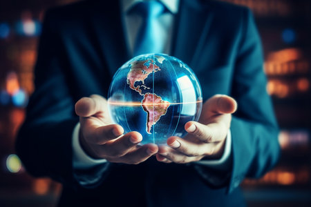 Businessman hold global business globe with network connected to digital marketing strategy and creative solution. Business development technology to support creativity idea of teamwork and investment. High quality photoの素材