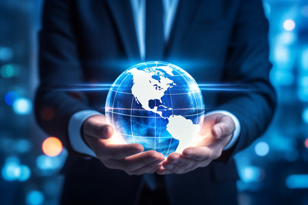 Businessman hold global business globe with network connected to digital marketing strategy and creative solution. Business development technology to support creativity idea of teamwork and investment. High quality photoの素材