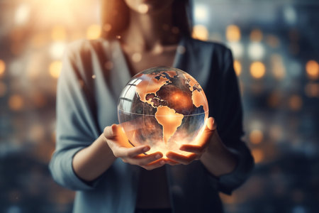 Businesswoman hold global business globe with network connected to digital marketing strategy and creative solution. Business development technology to support creativity idea of teamwork and investment. High quality photoの素材