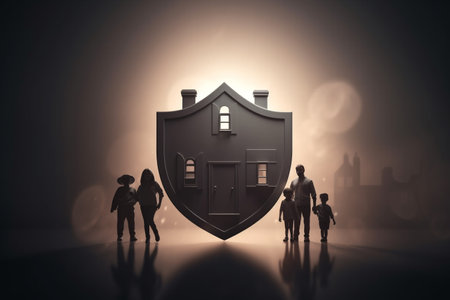 insurance concept. Shield and silhouette of a family. Safety and security, safe hom econcept. High quality photoの素材