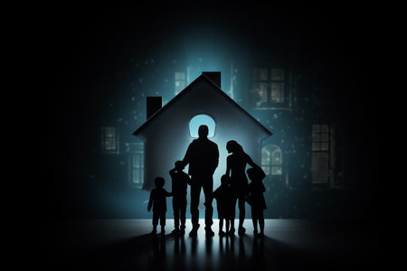 insurance concept. Shield and silhouette of a family. Safety and security, safe hom econcept. High quality photoの素材