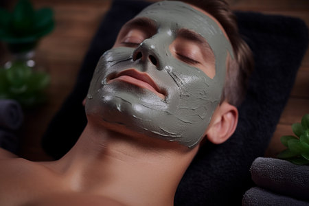 Portrait of a handsome man with a clay facial mask in spa. High quality photoの素材