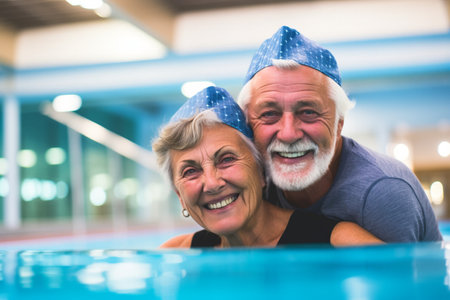 Senior couple on the pool. Laughter at the swimming pool side. Togetherness and marriage concept. Happy laughing caucasian senior adult couple hugging and looking at camera. Indoor shot. Sports area interior. High quality photoの素材