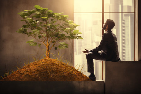 Business development to success and growing growth concept. Businessman taking care of the tree on top of a building in metropolis. High quality photoの素材