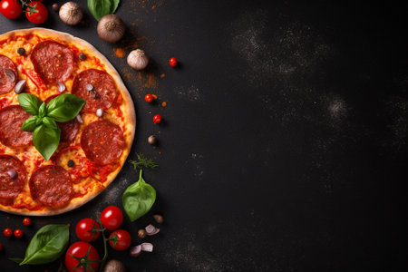 Tasty pepperoni pizza and cooking ingredients tomatoes basil on black concrete background. Top view of hot pepperoni pizza. With copy space for text. Flat lay. Banner. High quality photoの素材