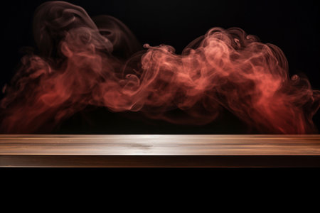 empty wooden table with smoke float up on dark background. High quality photoの素材