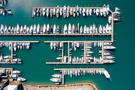 Pier speedboat. A marina lot. This is usually the most popular tourist attractions on the beach.Yacht and sailboat is moored at the quay.Aerial view by drone.Top view. High quality photoの素材