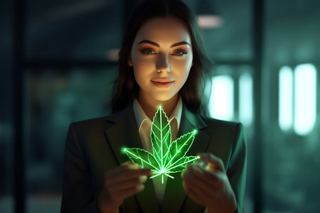 Businesswoman holds a bright canabis leaf in her hands. High quality photoの素材