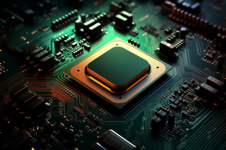 green circuit board standing for technology innovations chips gpu, cpu, Perfect for featuring trends like AI, IoT, Big Data, semiconductor . High quality photoの素材