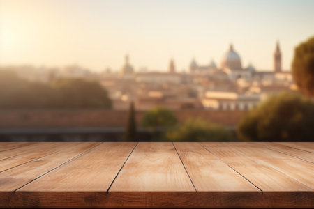 The empty wooden table top with blur background of Rome. Exuberant image.for mounting your product. digital art. High quality photoの素材