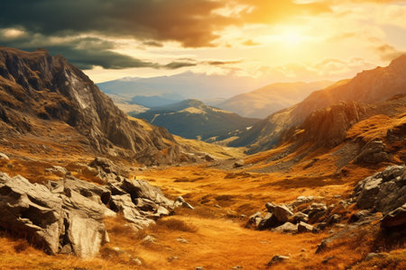 Golden sun light in highland sulfur mountains. Scenery nature view. High quality photoの素材