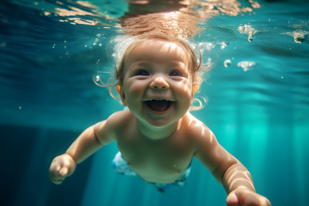 Adorable baby swiming underwater. Diving toddler. High quality photoの素材