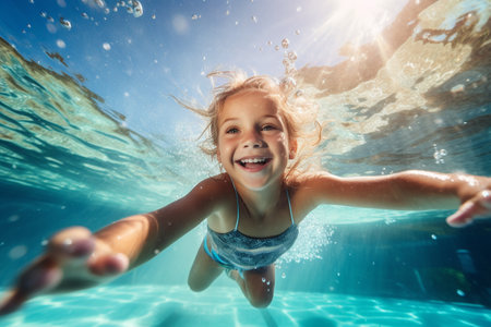 Happy kid swimming underwater and having fun. Happy childhood and summer vacation. High quality photoの素材