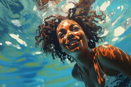 Young happy african woman swimming underwater. Diving in public swimming pool,Holiday, relaxtion,active,watersport,beauty having fun. High quality photoの素材