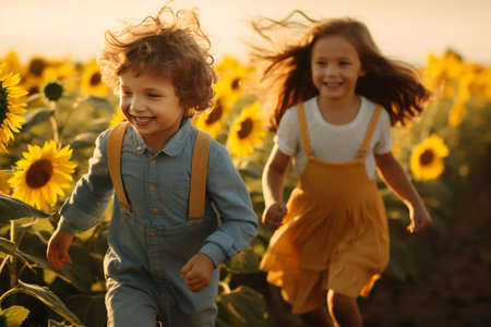 Adorable kids runing in the sunflower field on sunset. High quality photoの素材
