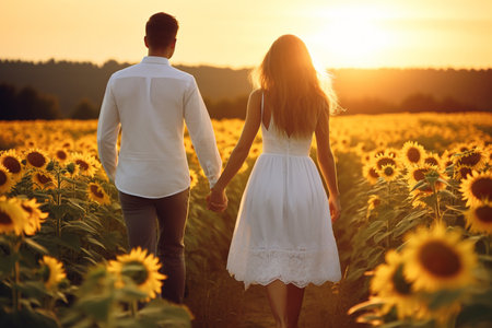 Young couple in white on a romantic walk through the sunflower field. High quality photoの素材