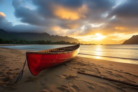 Old red hawaiian canoe abandoned on the sandy beach on sunset. High quality photoの素材