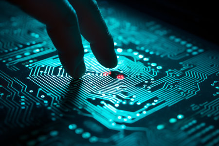 Fingerprint integrated in a printed circuit, releasing binary codes. Biometric security . High quality photoの素材