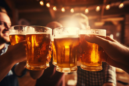 group of people cheering and drinking beer at bar pub table -Happy young friends enjoying happy hour at brewery restaurant-Youth culture-Life style food and beverag. High quality photoの素材