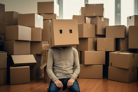 moving home, man with cardboard box on his head. High quality photoの素材
