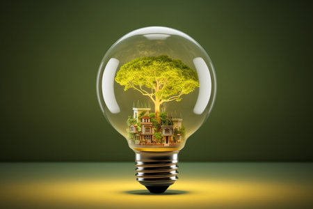 Light bulb with greenery inside representing energy saving efficiency. High quality photoの素材