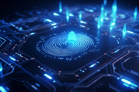 Fingerprint integrated in a printed circuit, releasing binary codes. Biometric security . High quality photoの素材