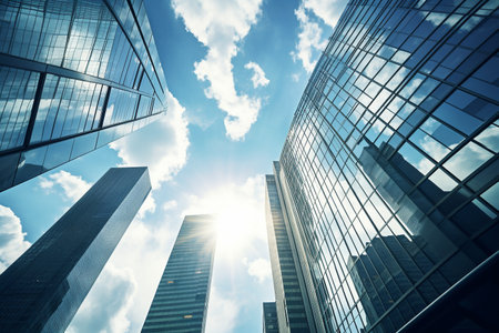 Reflective skyscrapers, business office buildings. Low angle photography of glass curtain wall details of high-rise buildings.The window glass reflects the blue sky and white clouds. High quality photoの素材