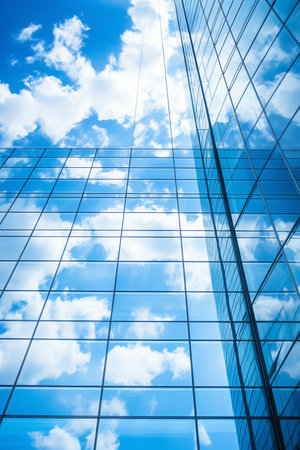 Reflective skyscrapers, business office buildings. Low angle photography of glass curtain wall details of high-rise buildings.The window glass reflects the blue sky and white clouds. High quality photoの素材