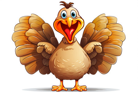 Happy cartoon turkey showing off. Illustration. Thanksgiving day. High quality photoの素材