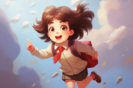 Illustration of a happy school girl with backpack jumping high happy for the first day of school. High quality photoの素材
