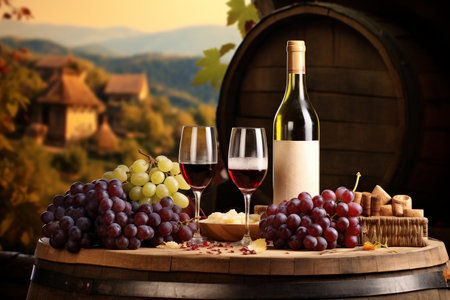 Bottles And Wineglasses With Grapes And Barrel In Rural Scene. High quality photoの素材
