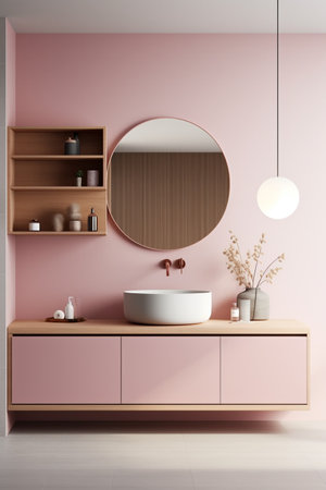 Modern minimalist bathroom interior modern pink bathroom. High quality photoの素材