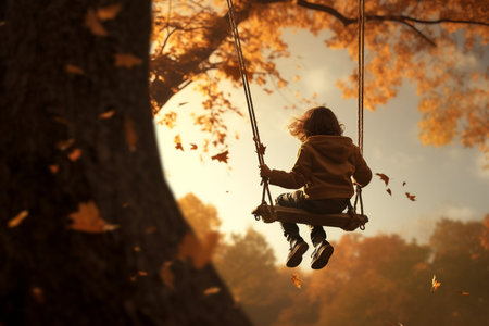 low angle photo of a kid swinging in the swing in autumn. High quality photoの素材