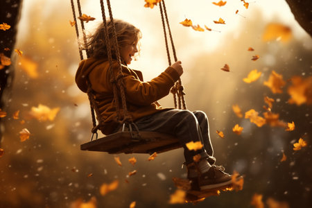 low angle photo of a kid swinging in the swing in autumn. High quality photoの素材