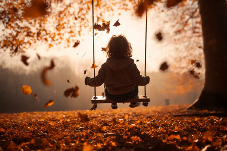 low angle photo of a kid swinging in the swing in autumn. High quality photoの素材