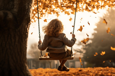 low angle photo of a kid swinging in the swing in autumn. High quality photoの素材