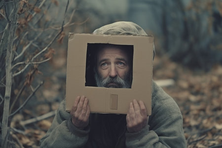 Poor tired depressed hungry homeless man holding a cardboard house. nostalgia and hope concept. High quality photoの素材