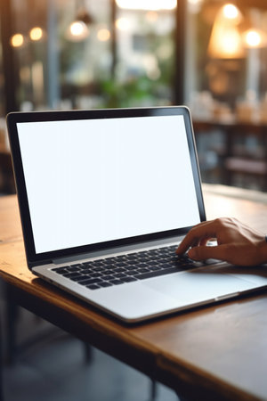 Laptop Computer Blank White Screen on Table in Coffee Cafe. High quality photoの素材